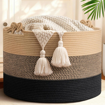 70L Woven Rope Laundry Basket with Tassel, 16" x 22", White