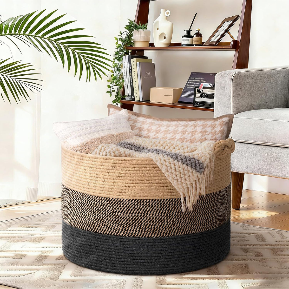 70L Woven Rope Laundry Basket with Tassel, 16" x 22", White