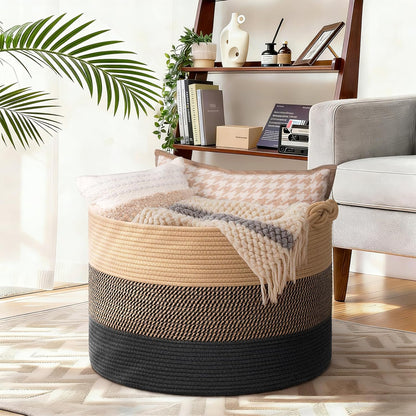 70L Woven Rope Laundry Basket with Tassel, 16" x 22", White