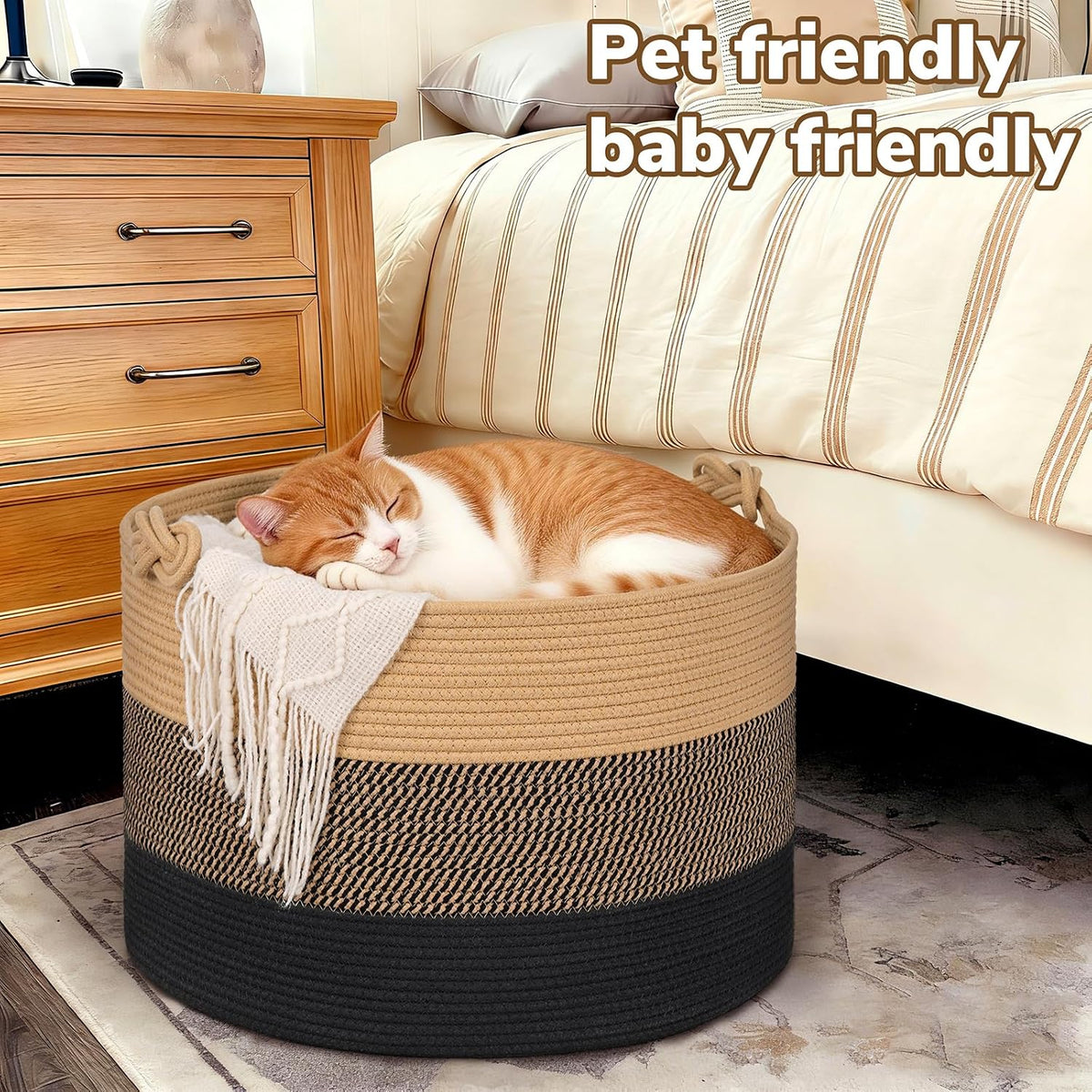 70L Woven Rope Laundry Basket with Tassel, 16" x 22", White