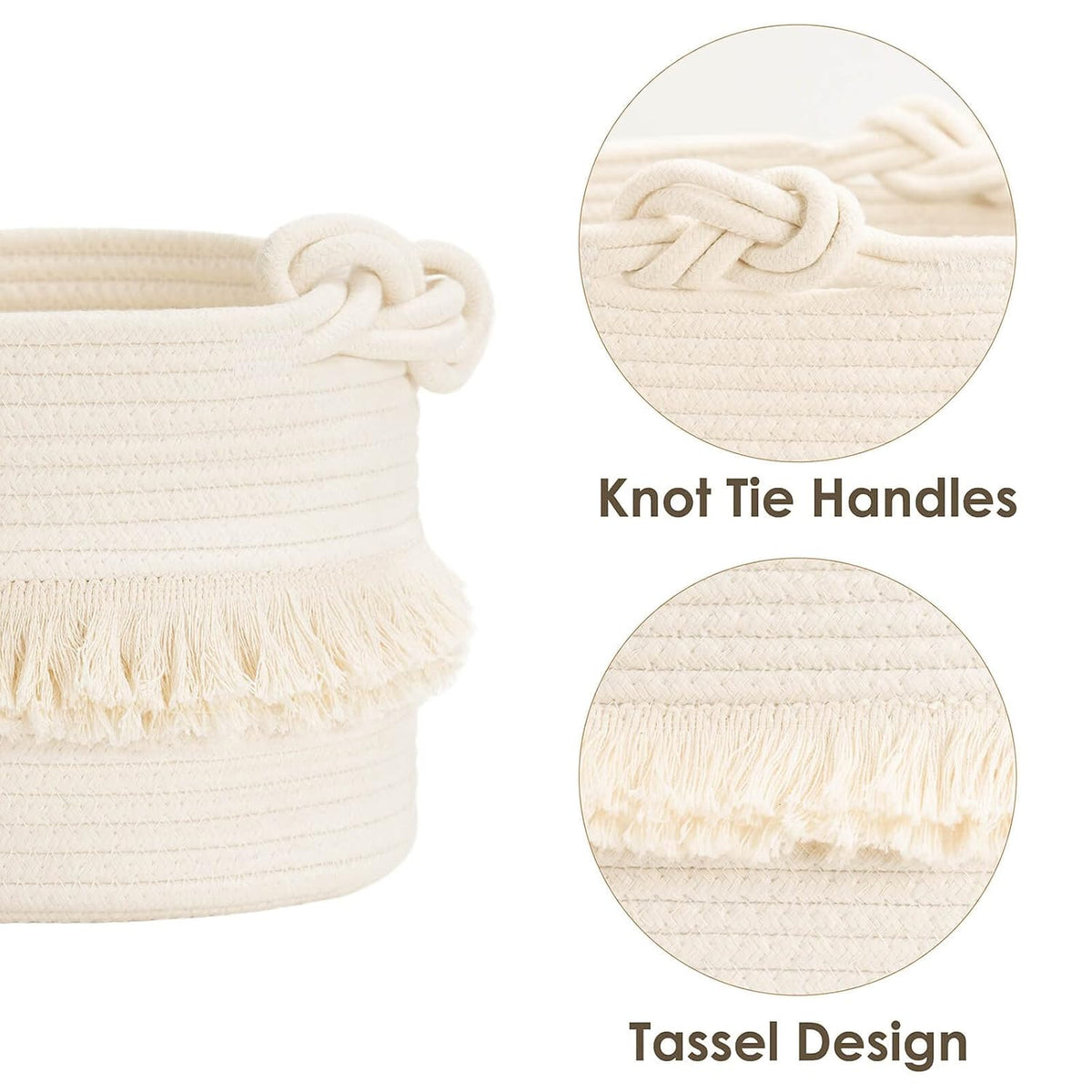 70L Woven Rope Laundry Basket with Tassel, 16" x 22", White
