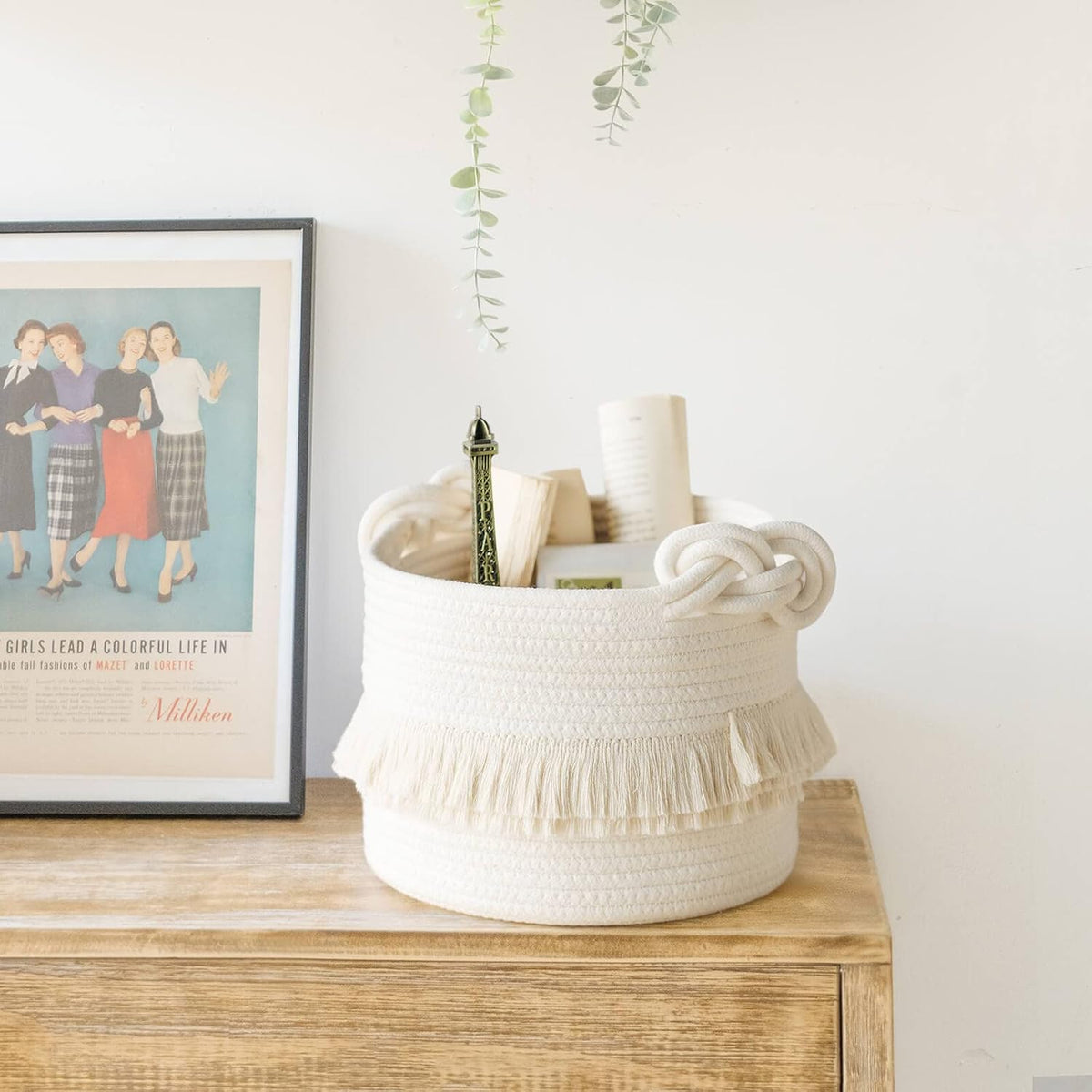 70L Woven Rope Laundry Basket with Tassel, 16" x 22", White