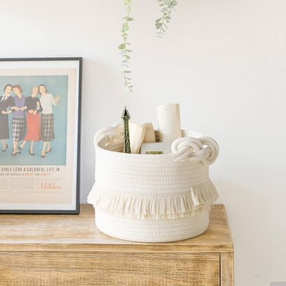 70L Woven Rope Laundry Basket with Tassel, 16" x 22", White