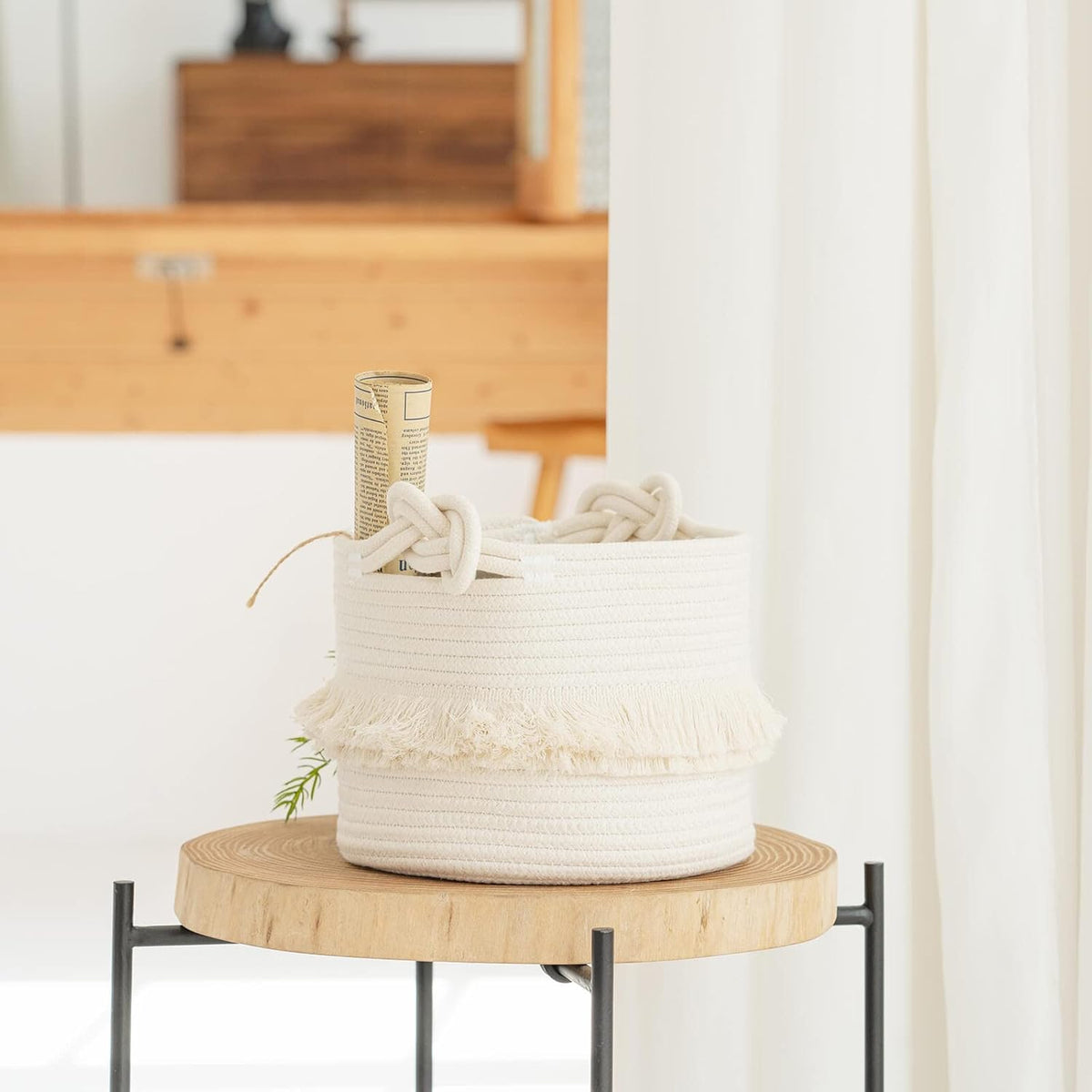 70L Woven Rope Laundry Basket with Tassel, 16" x 22", White