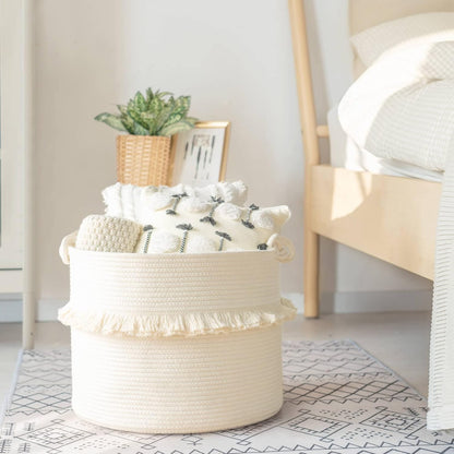 70L Woven Rope Laundry Basket with Tassel, 16" x 22", White
