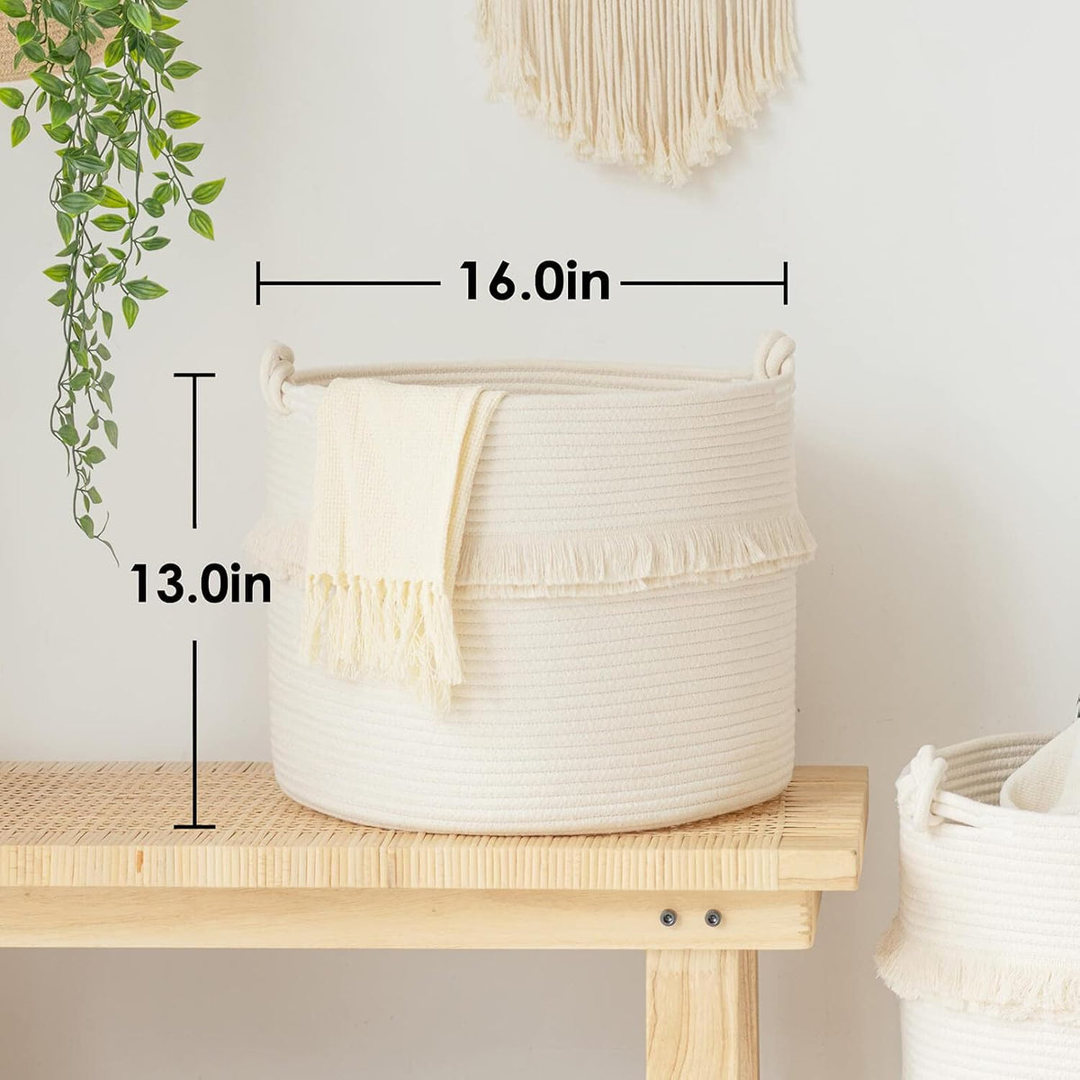 70L Woven Rope Laundry Basket with Tassel, 16" x 22", White