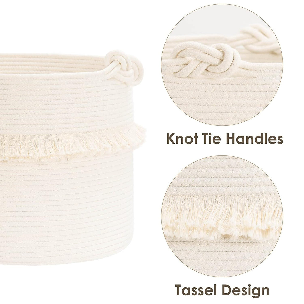 70L Woven Rope Laundry Basket with Tassel, 16" x 22", White