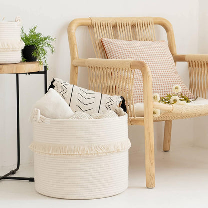 70L Woven Rope Laundry Basket with Tassel, 16" x 22", White
