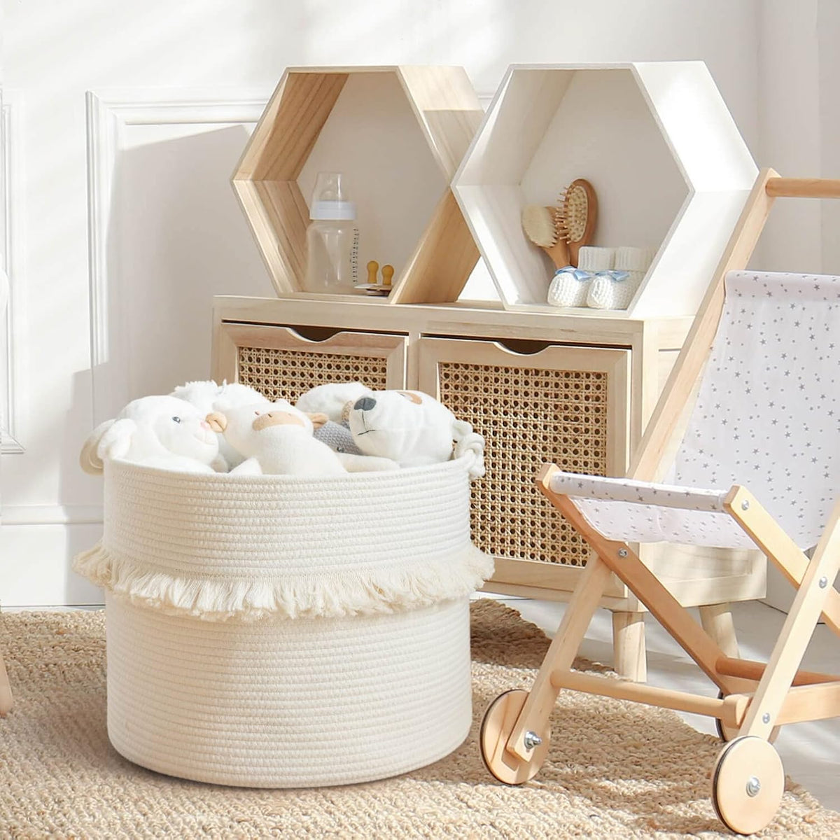 70L Woven Rope Laundry Basket with Tassel, 16" x 22", White