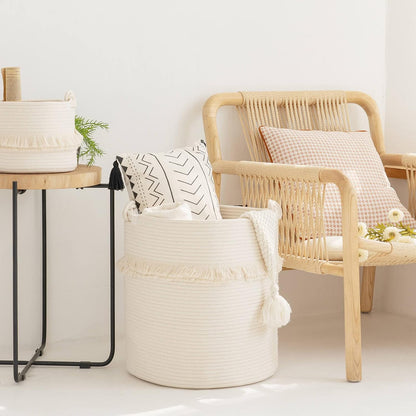70L Woven Rope Laundry Basket with Tassel, 16" x 22", White