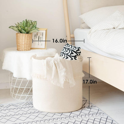70L Woven Rope Laundry Basket with Tassel, 16" x 22", White