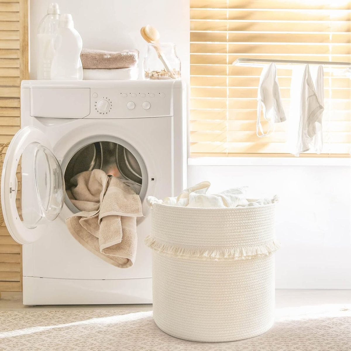 70L Woven Rope Laundry Basket with Tassel, 16" x 22", White