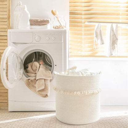 70L Woven Rope Laundry Basket with Tassel, 16" x 22", White
