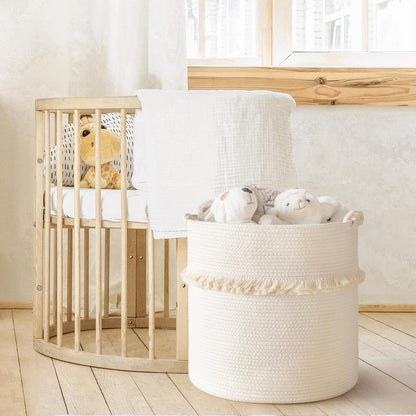 70L Woven Rope Laundry Basket with Tassel, 16" x 22", White