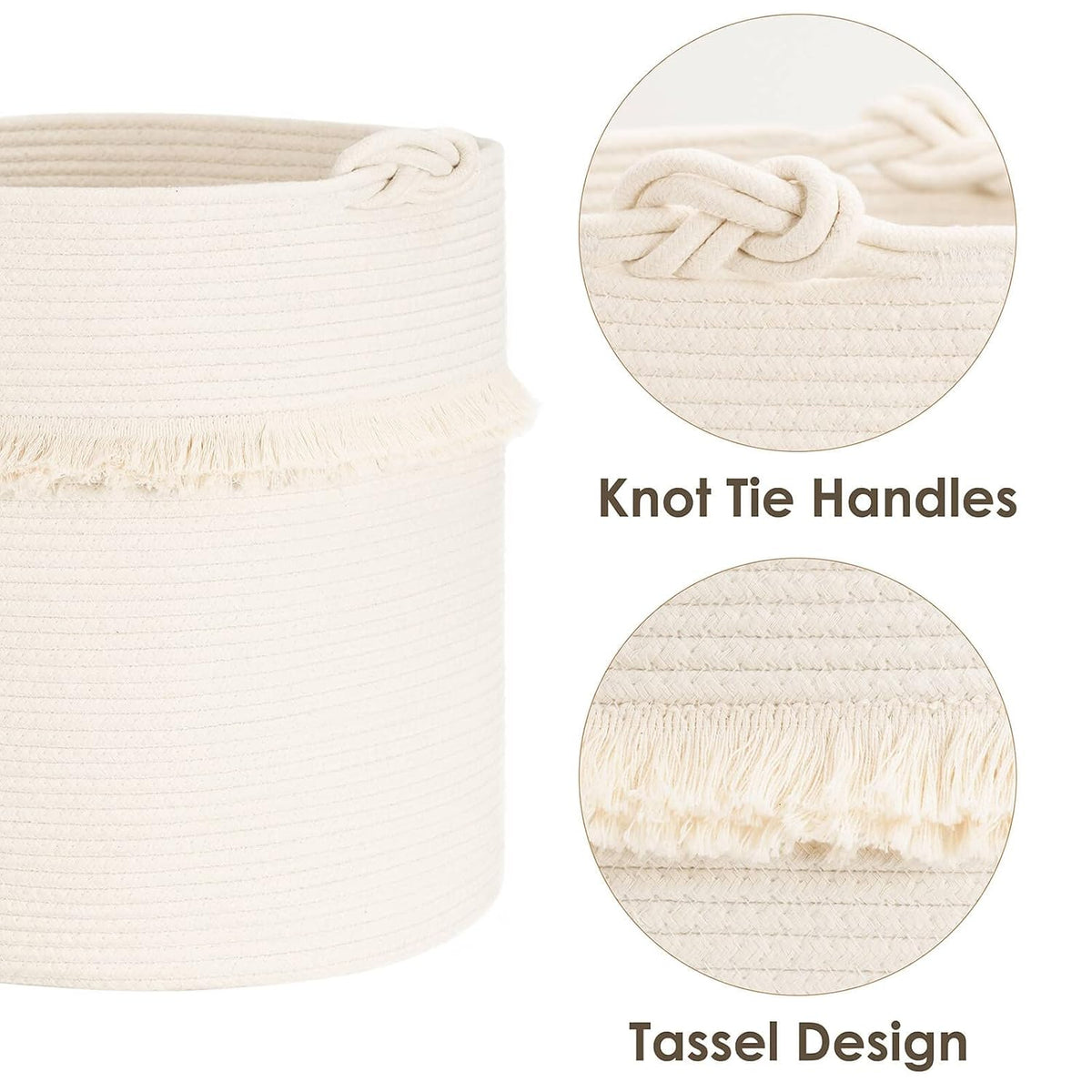 70L Woven Rope Laundry Basket with Tassel, 16" x 22", White