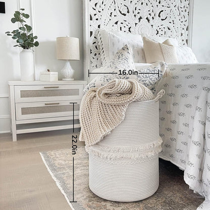 70L Woven Rope Laundry Basket with Tassel, 16" x 22", White