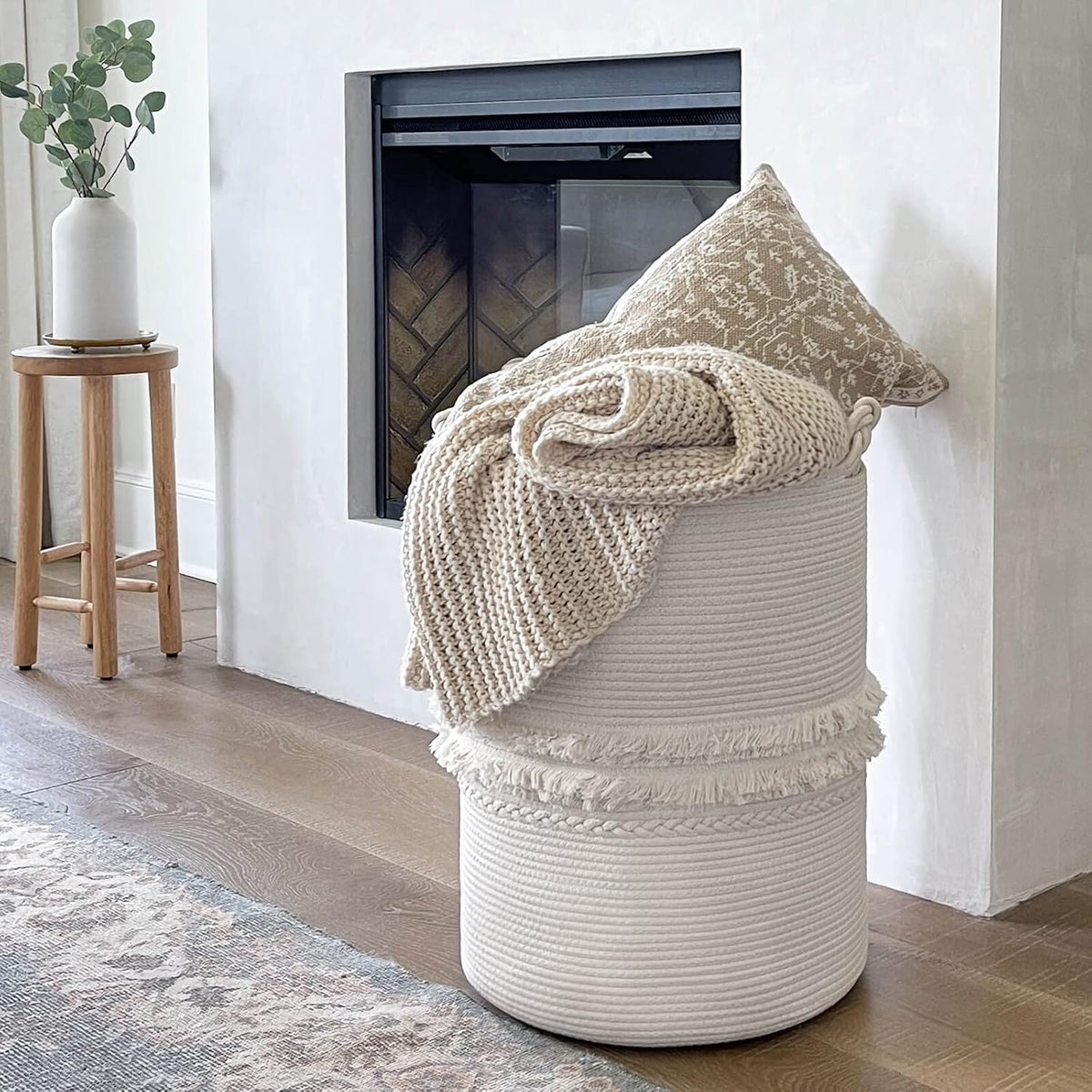 70L Woven Rope Laundry Basket with Tassel, 16" x 22", White