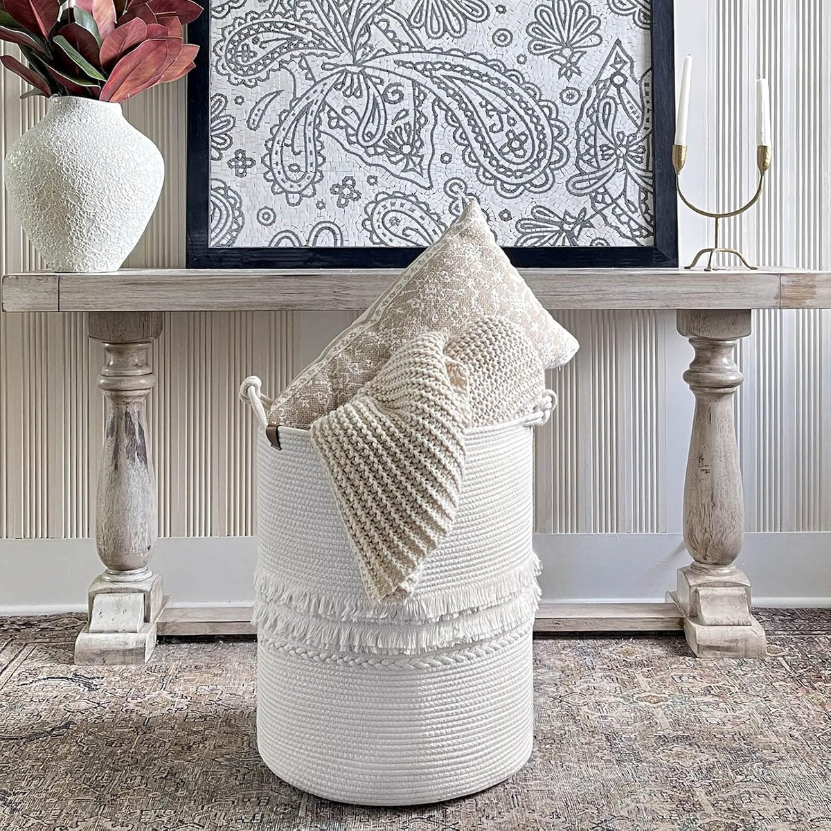 70L Woven Rope Laundry Basket with Tassel, 16" x 22", White