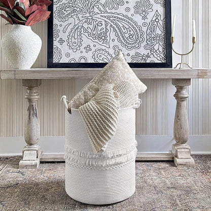 70L Woven Rope Laundry Basket with Tassel, 16" x 22", White