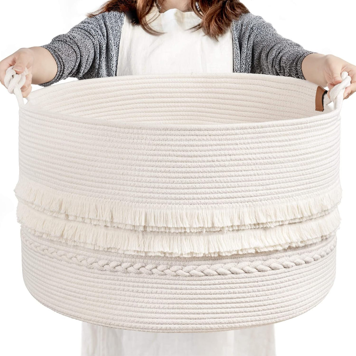 70L Woven Rope Laundry Basket with Tassel, 16" x 22", White