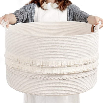 70L Woven Rope Laundry Basket with Tassel, 16" x 22", White