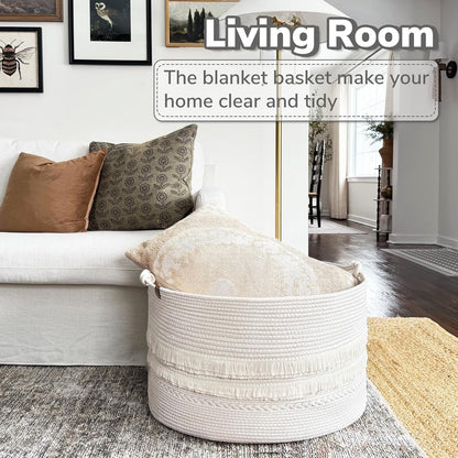 70L Woven Rope Laundry Basket with Tassel, 16" x 22", White