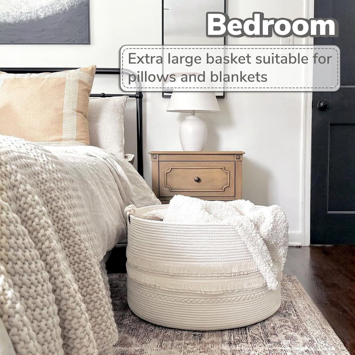 70L Woven Rope Laundry Basket with Tassel, 16" x 22", White