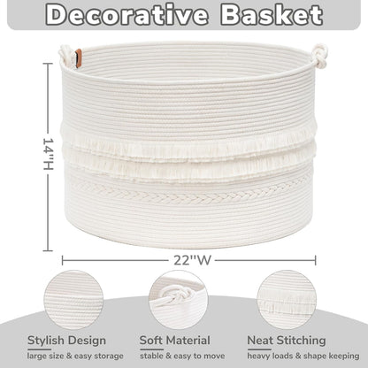 70L Woven Rope Laundry Basket with Tassel, 16" x 22", White