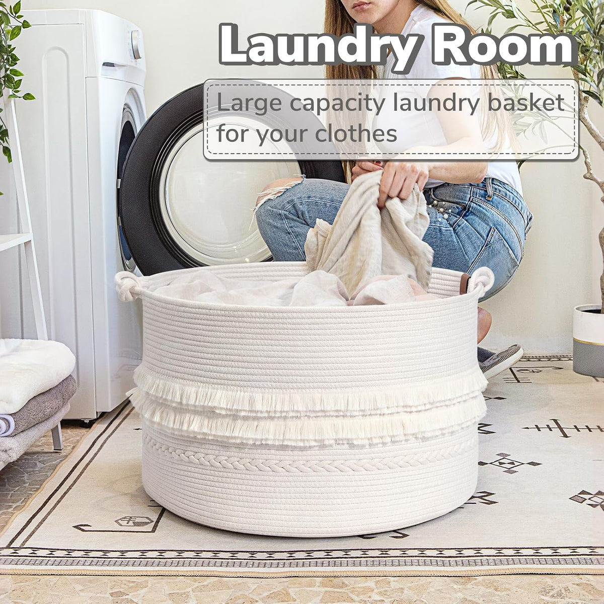 70L Woven Rope Laundry Basket with Tassel, 16" x 22", White