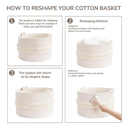 70L Woven Rope Laundry Basket with Tassel, 16" x 22", White