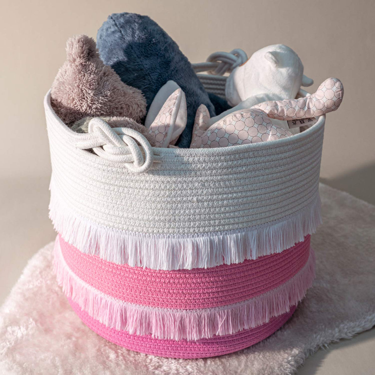 70L Woven Rope Laundry Basket with Tassel, 16" x 22", White
