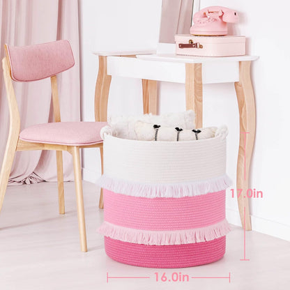 70L Woven Rope Laundry Basket with Tassel, 16" x 22", White