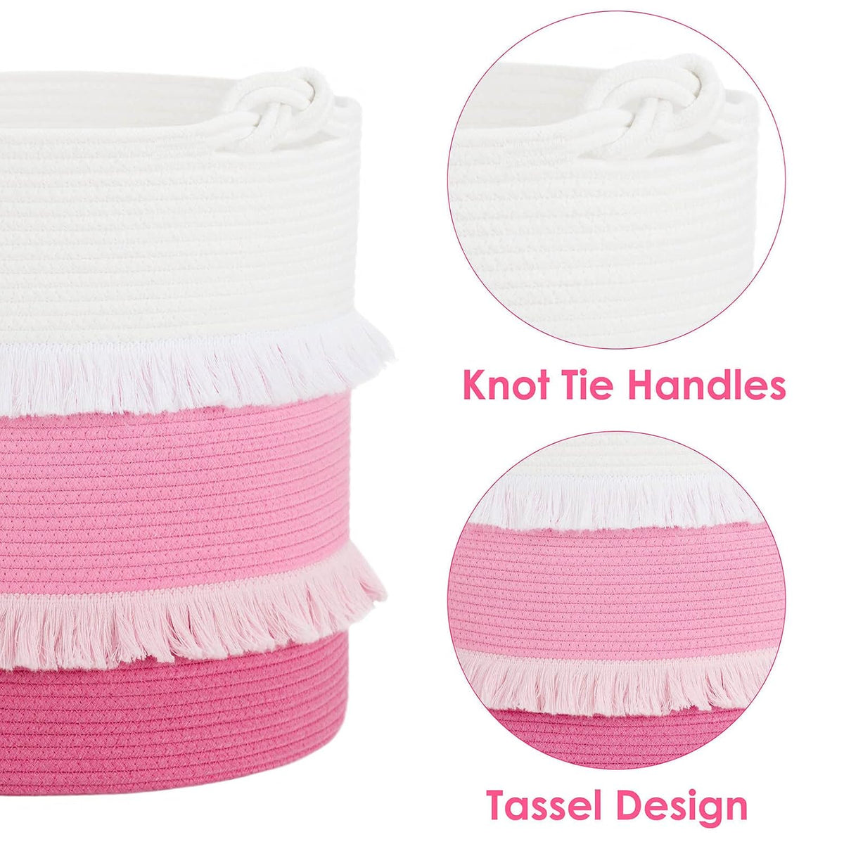 70L Woven Rope Laundry Basket with Tassel, 16" x 22", White