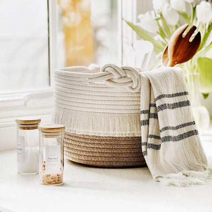 70L Woven Rope Laundry Basket with Tassel, 16" x 22", White