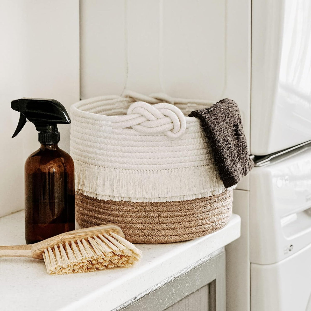 70L Woven Rope Laundry Basket with Tassel, 16" x 22", White