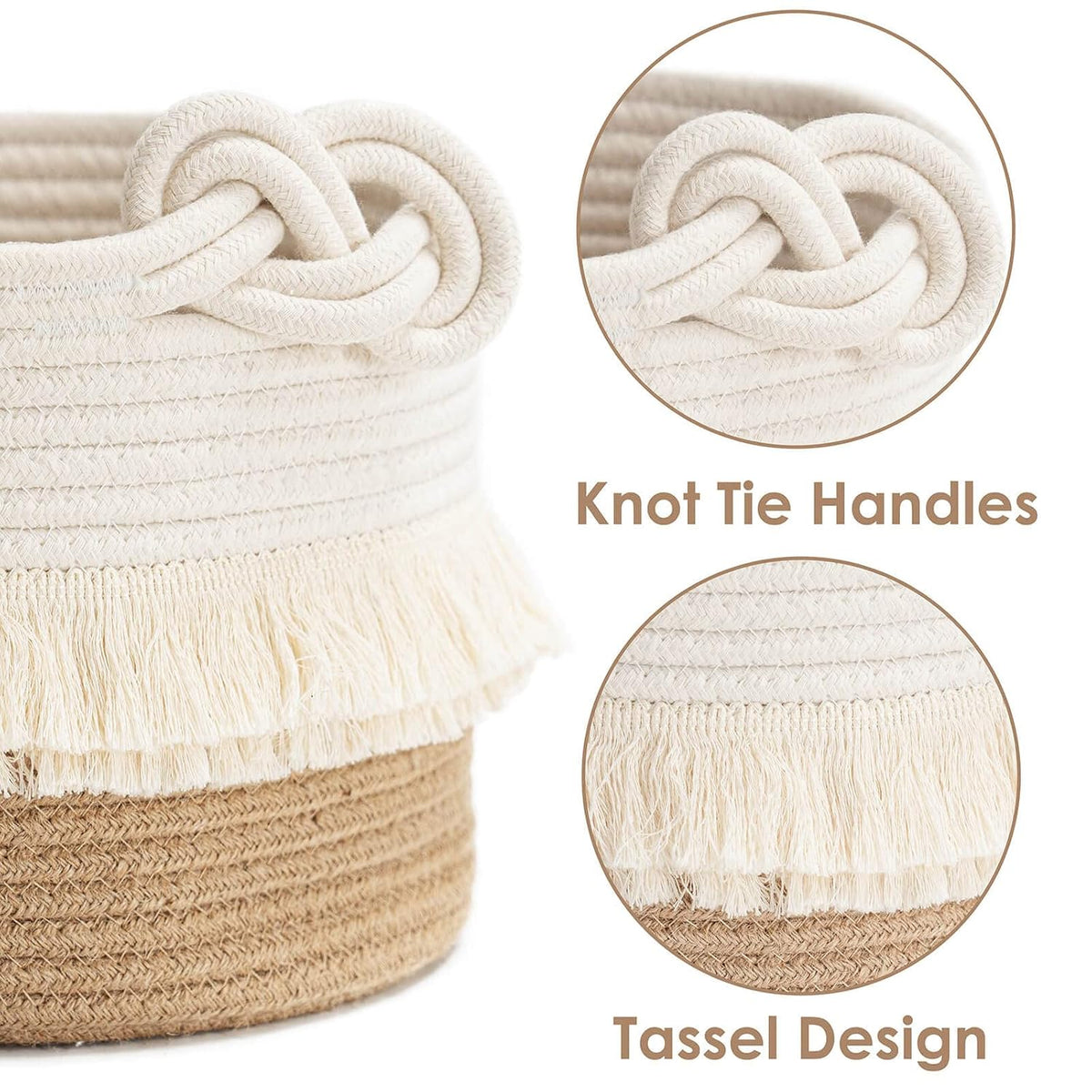 70L Woven Rope Laundry Basket with Tassel, 16" x 22", White