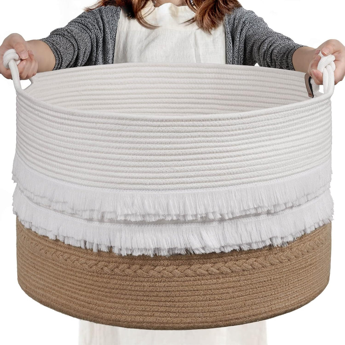 70L Woven Rope Laundry Basket with Tassel, 16" x 22", White