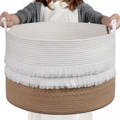 70L Woven Rope Laundry Basket with Tassel, 16" x 22", White