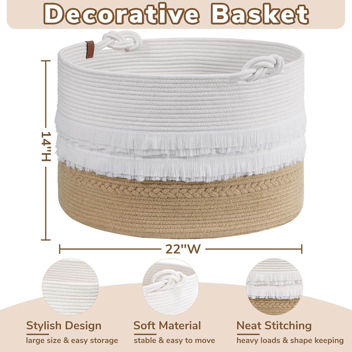 70L Woven Rope Laundry Basket with Tassel, 16" x 22", White