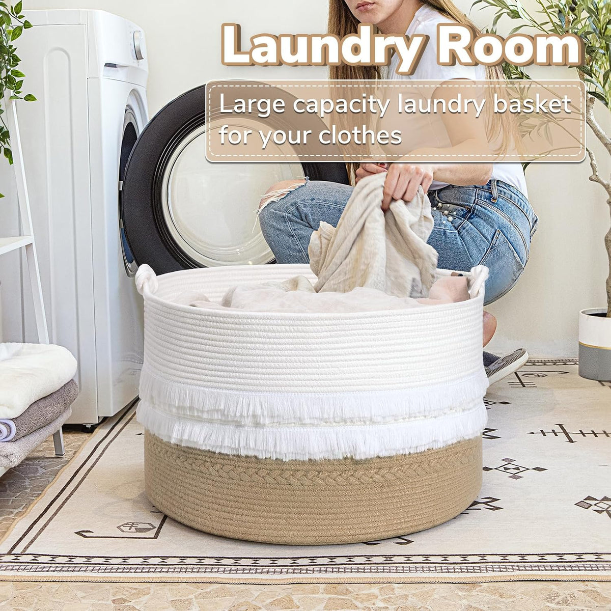 70L Woven Rope Laundry Basket with Tassel, 16" x 22", White