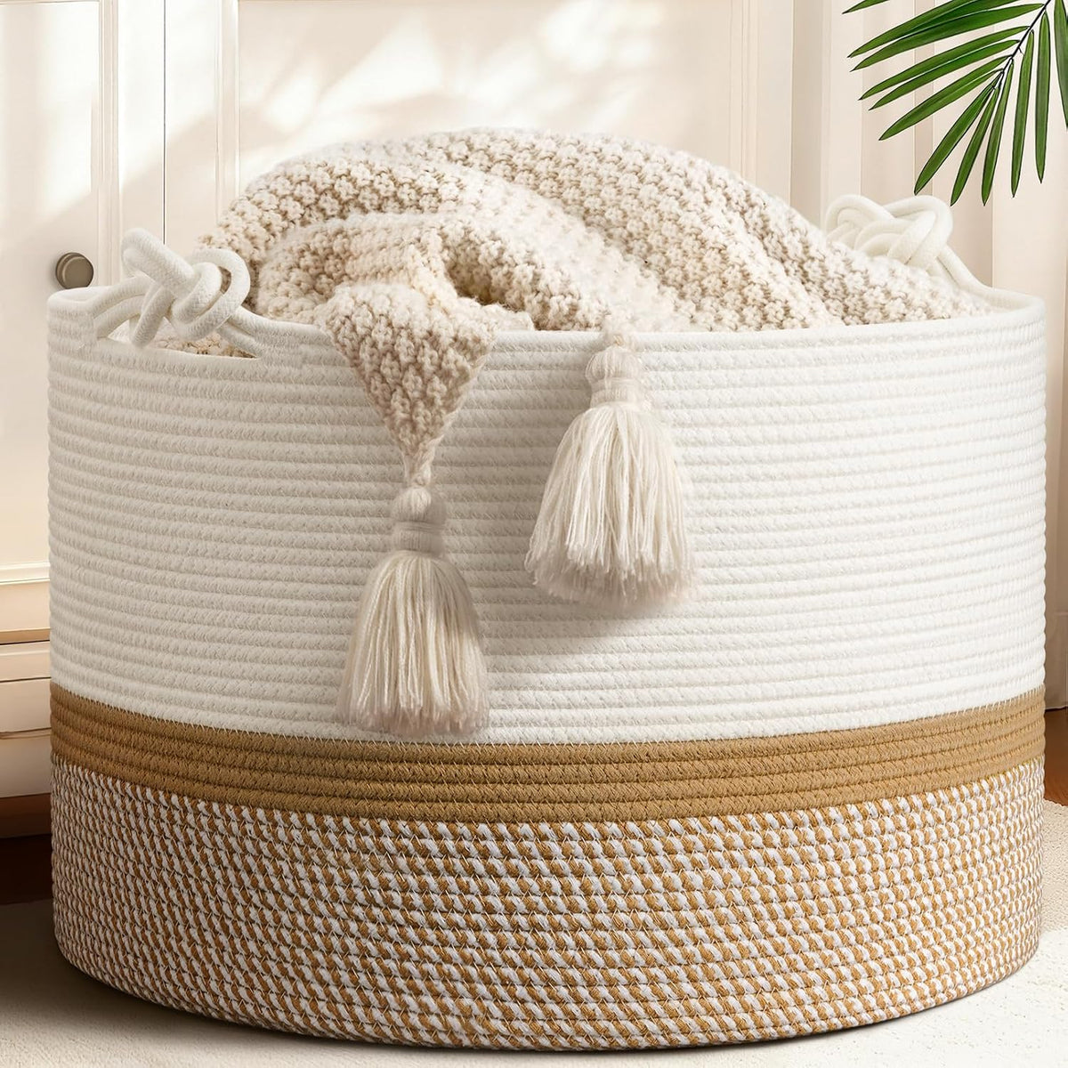 70L Woven Rope Laundry Basket with Tassel, 16" x 22", White