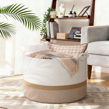 70L Woven Rope Laundry Basket with Tassel, 16" x 22", White