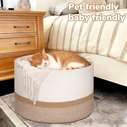 70L Woven Rope Laundry Basket with Tassel, 16" x 22", White