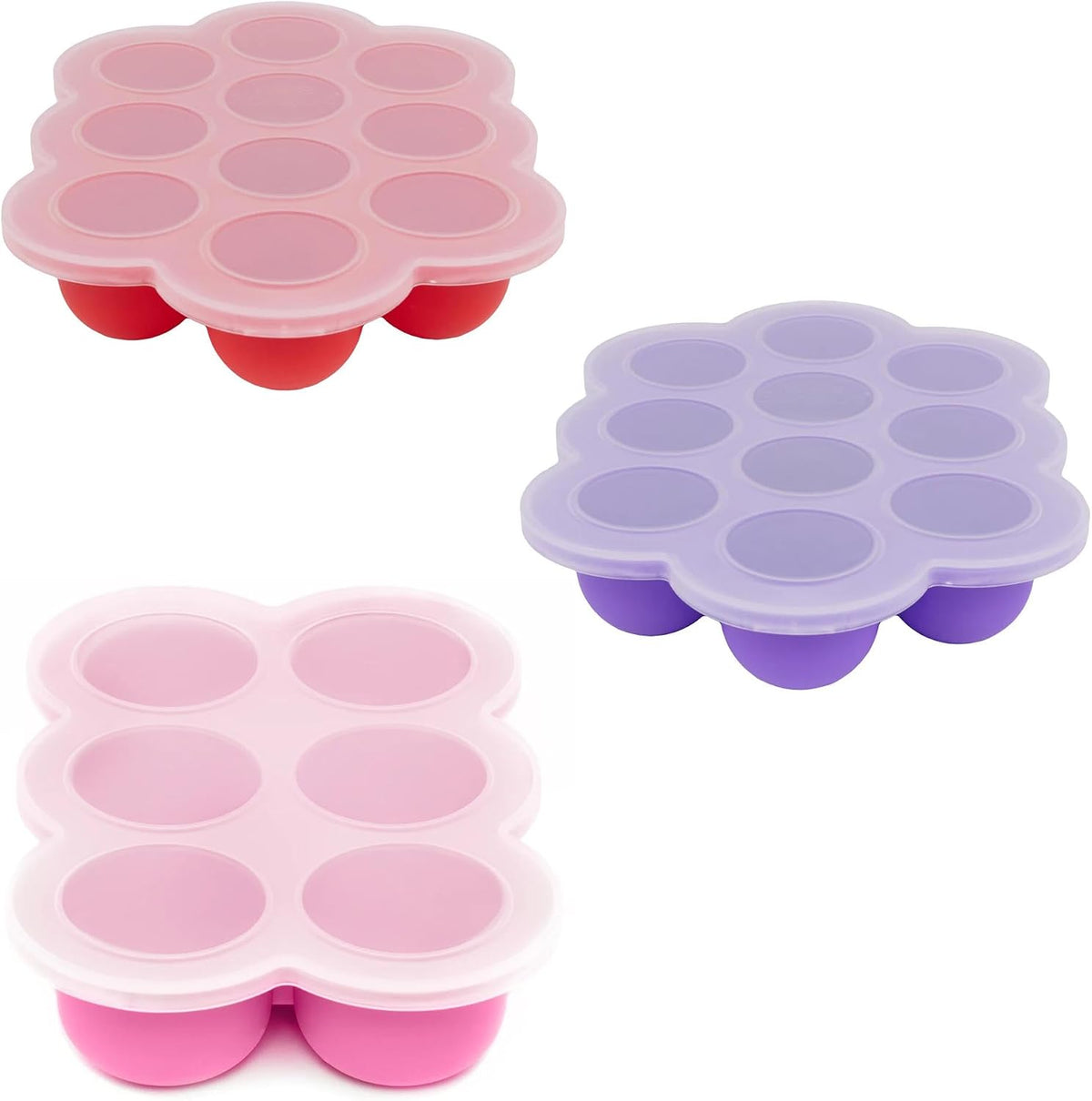 Silicone Baby Food Freezer Trays 3-Pack Bundle - 2 Ten 1.5oz & 1 Six 3oz Portions - Clip-on Lids - Homemade Purée & Breast Milk Storage