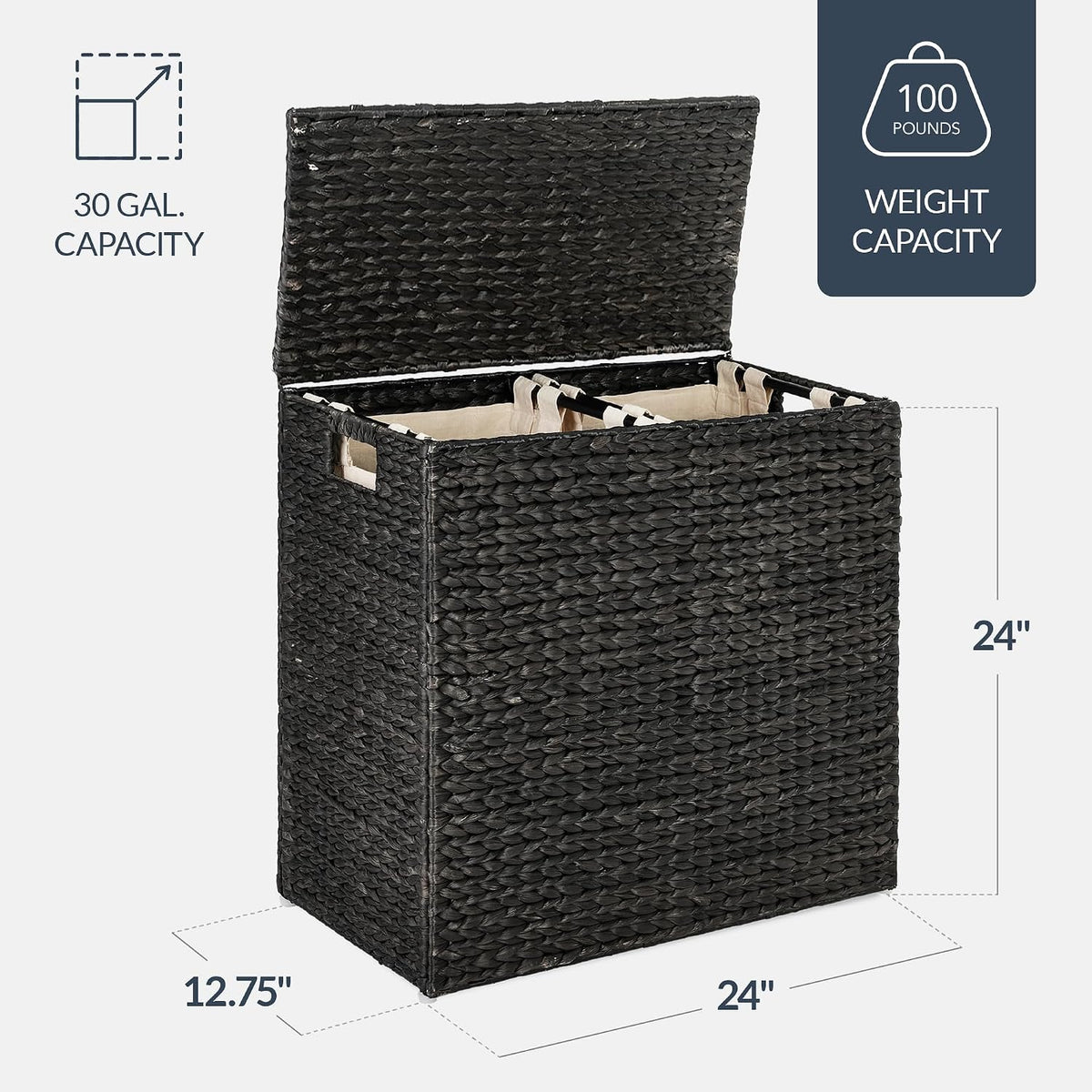 Large Laundry Hamper with Lid, Natural Handwoven Hyacinth Laundry Basket, W/Removeable & Washable Liner Bag, Portable, Handles, 30 Gallon (114 liters) - Natural