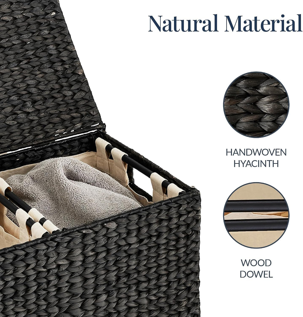 Large Laundry Hamper with Lid, Natural Handwoven Hyacinth Laundry Basket, W/Removeable & Washable Liner Bag, Portable, Handles, 30 Gallon (114 liters) - Natural