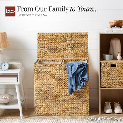 Large Laundry Hamper with Lid, Natural Handwoven Hyacinth Laundry Basket, W/Removeable & Washable Liner Bag, Portable, Handles, 30 Gallon (114 liters) - Natural