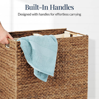 Large Laundry Hamper with Lid, Natural Handwoven Hyacinth Laundry Basket, W/Removeable & Washable Liner Bag, Portable, Handles, 30 Gallon (114 liters) - Natural