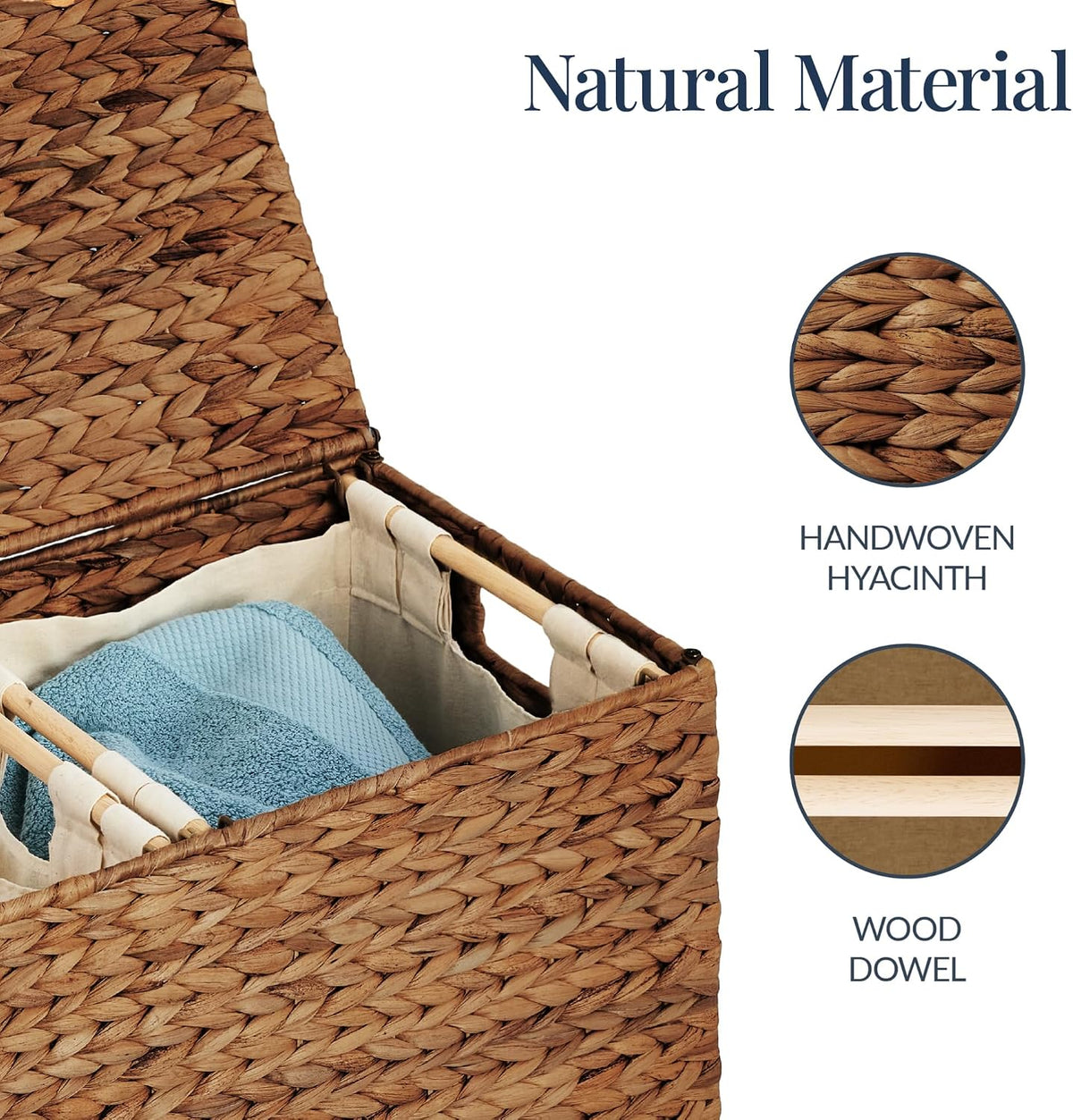 Large Laundry Hamper with Lid, Natural Handwoven Hyacinth Laundry Basket, W/Removeable & Washable Liner Bag, Portable, Handles, 30 Gallon (114 liters) - Natural