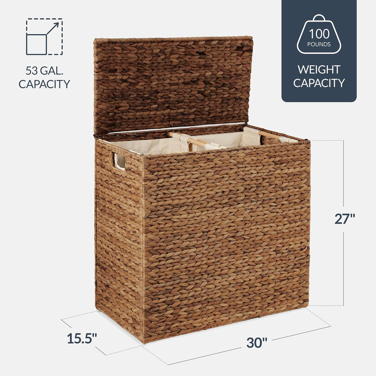 Large Laundry Hamper with Lid, Natural Handwoven Hyacinth Laundry Basket, W/Removeable & Washable Liner Bag, Portable, Handles, 30 Gallon (114 liters) - Natural